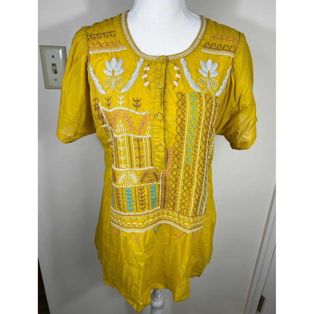Biya Johnny Was Tunic Top Women XS Yellow Embroidered Boho Chic Cotton S/S Artsy